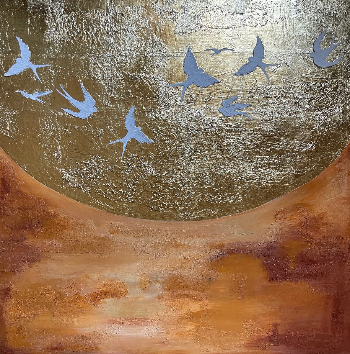 Abstract Landscape Painting By Elina Zelena, 39 X 39, Dune And Golden Sun, Original Artwork