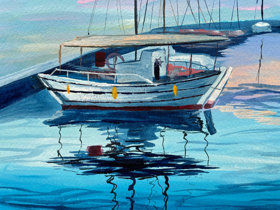 Ship Original Gouache Painting, Sea Ocean Artwork, Sail Boat Illustration, Coastal Home Decor