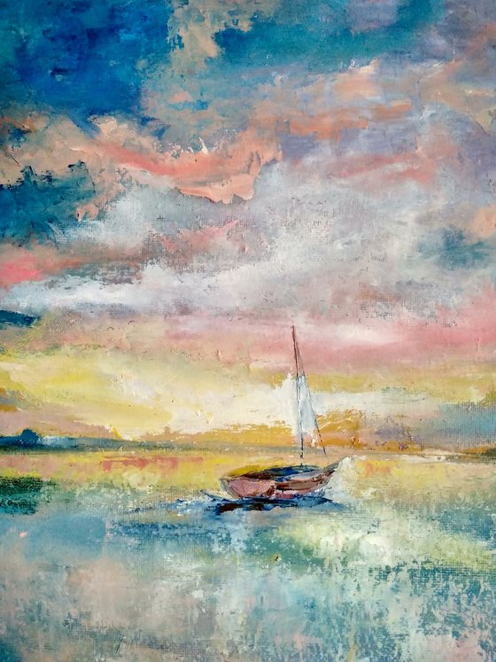 Summer sunset Sailboat Painting Original Art Seascape Abstract Ocean Wall Art