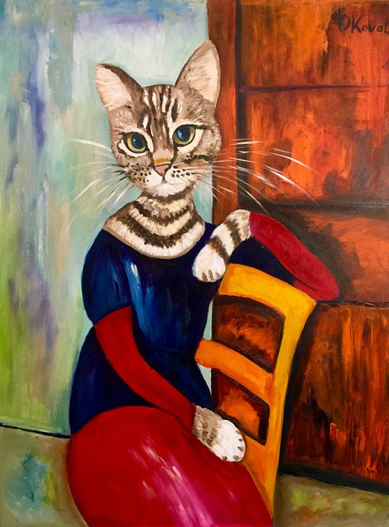 Cat  Lady on the chair ( 61x81 cm )inspired by Amedeo Clemente Modigliani painting.