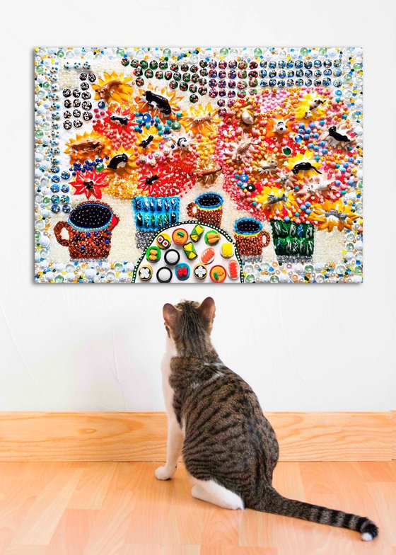 Unusual still life with cats and dogs - Abstract still life with mosaic & glass. Naive art decorative wall sculpture