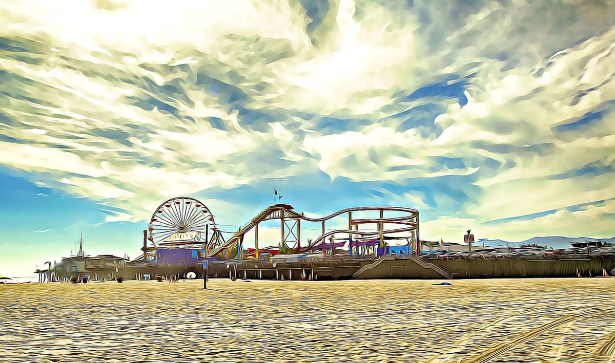 Photorealistic Landscape Giclee Print By Paul Berriff Obe, 33 X 19", Santa Monica Pier, Original Artwork