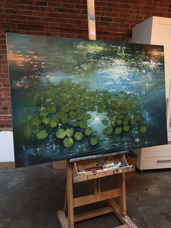 "Waterlilies pond"- large original oil painting by Artem Grunyka