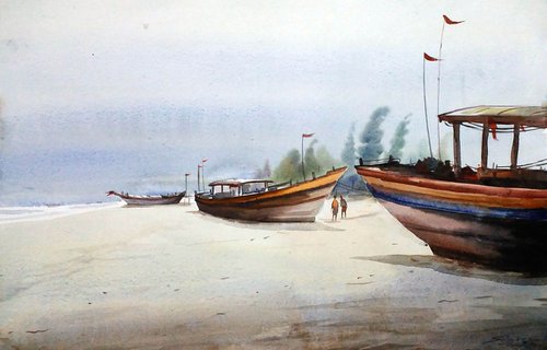Fishing Boats at Morning Seashore - Watercolor painting by Samiran Sarkar