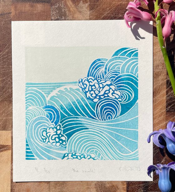 The swell  - Waves Linocut Print - Mini Print