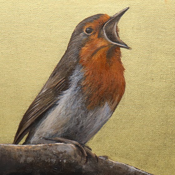 Red Robin, Gold Background, Bird Artwork, Animal Art Framed