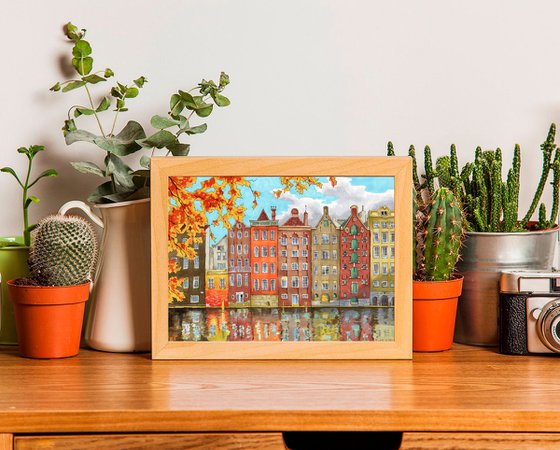 Cityscape with houses of Amsterdam. Autumn city.