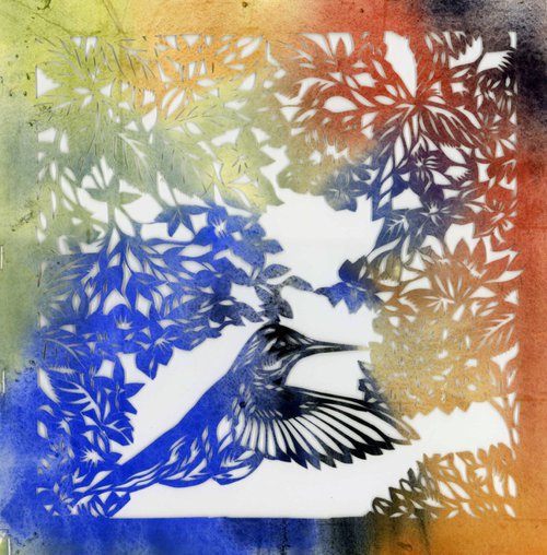 humming bird watercolor paper cut by Alfred  Ng