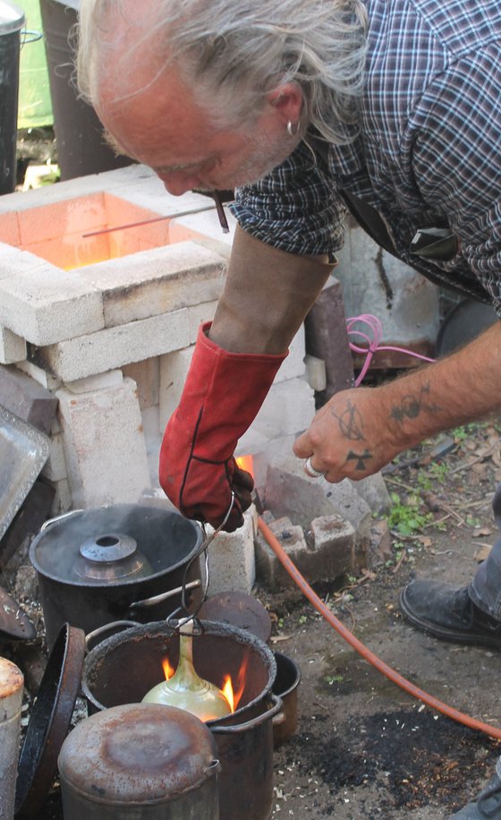 Raku Vessel Slender Bottleneck