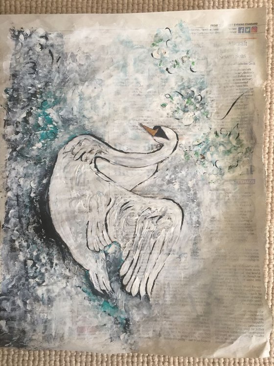 Paper Swan Acrylic on Newspaper Bird Portrait Beautiful Birds Large White Swan 37x29cm Gift Ideas Original Art Modern Art Contemporary Painting Abstract Art For Sale Buy Original Art Free Shipping