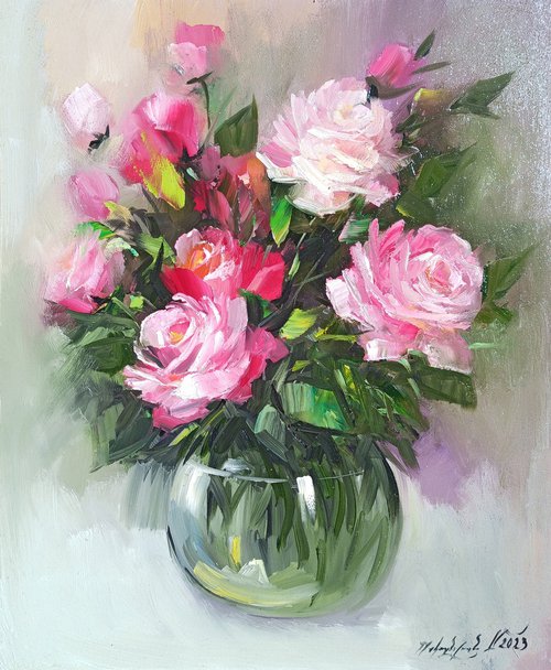 Pink roses  (50x40cm, oil painting, ready to hang) by Mari Voskanyan