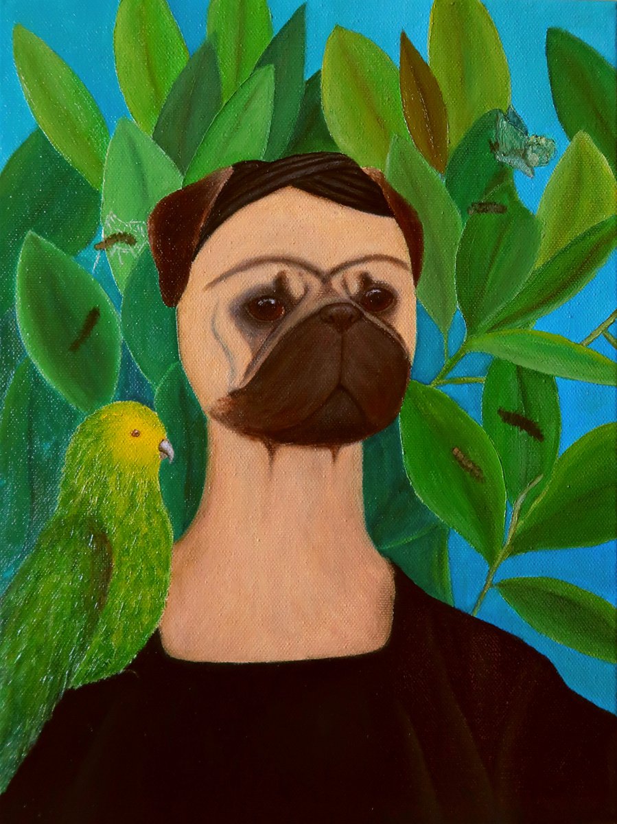 Frida Puglo - Self-portrait with Bonito Parrot and Butterfly (inspired by Frida Kahlo) by Yuliia Ustymenko