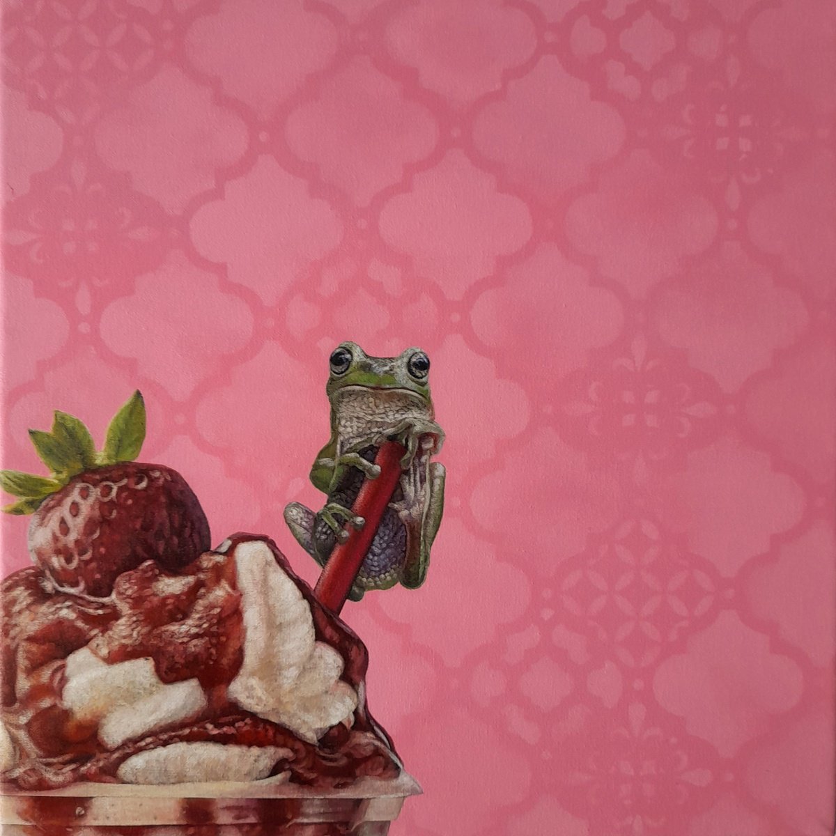 Surrealistic Animal Acrylic Painting By Claudia Daminato, 12 X 12, My Milkshake, Original Artwork