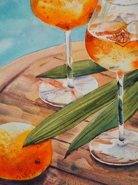 Time for two - original summer watercolor with aperol, orange and palm leaves on the wood table