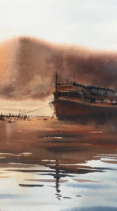 Motor ship on the river by Eugenia Gorbacheva