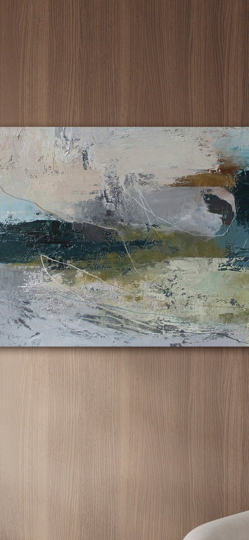 "Fall 5" Gray teal green abstract acrylic art by Yana Sagan