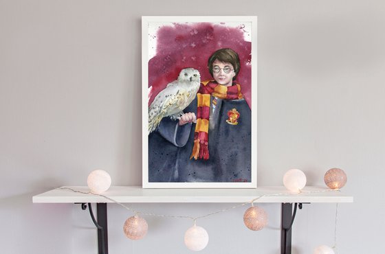 Harry Potter with the owl Hedwig. Hogwarts. Original watercolor artwork.