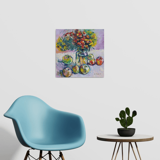 Autumn flowers and apples, original oil painting