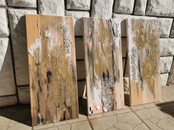 Gold art 3 piece wall art, Original Abstract painting