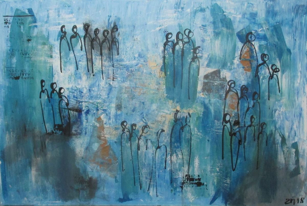 abstract blue People Acryl and Oilpainting Collage on canvas 31,5 x 47,2 inch by Sonja Zeltner-Muller