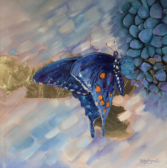 Butterfly on flower. Original oil painting. Blue butterfly