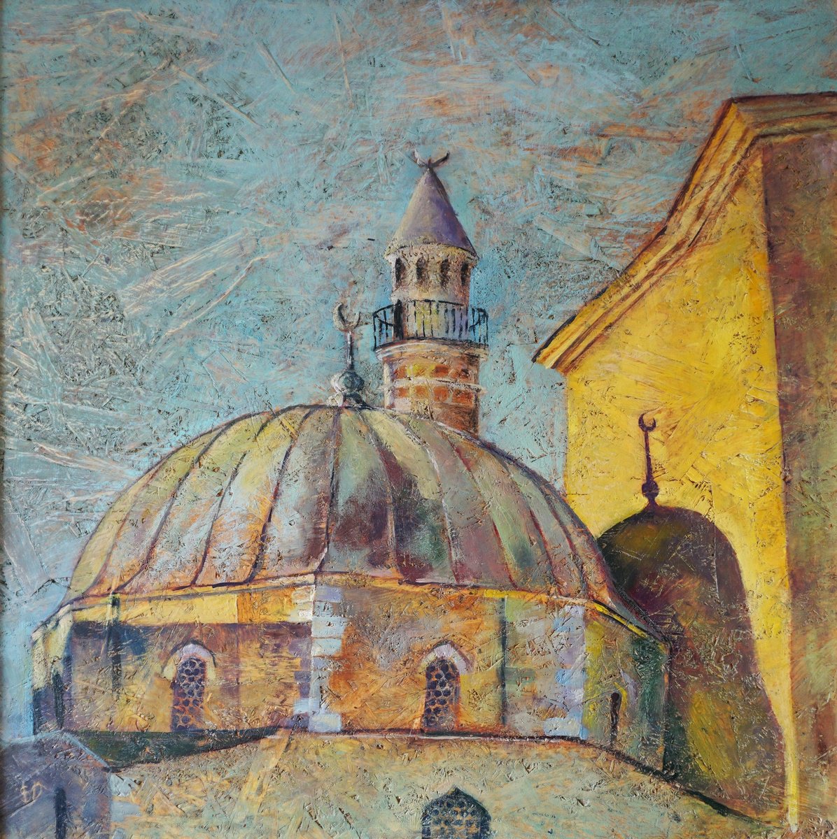 Impressionistic Cityscapes Painting By Dora Stork, 29 X 29, Mosque Of Pecs (Hot Wax On Osb), Original Artwork