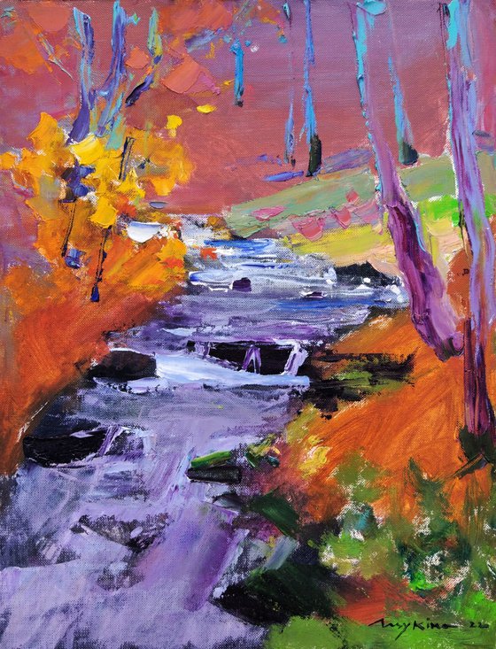 Waterfall Shipit  . Mountains river . Original oil painting