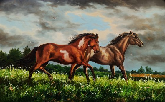 Horse couple (60x90cm, oil painting, ready to hang)
