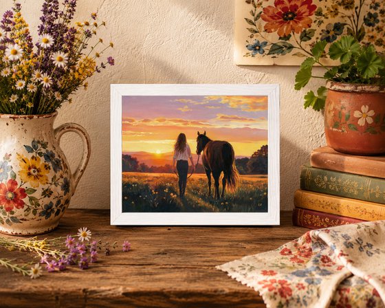 Woman walking with a horse in a sunset field