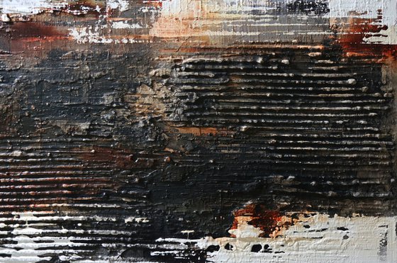 LOST LETTER - 120 X 50 CMS - ABSTRACT ACRYLIC PAINTING ON CANVAS * WHITE * RUST * BLACK