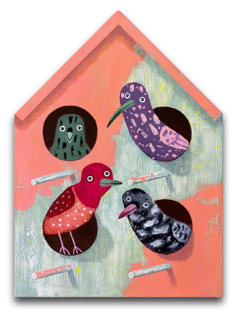 Naive Animal Acrylic Painting By Oleksandr Korol, 16 X 22", Birdhouse, Original Artwork
