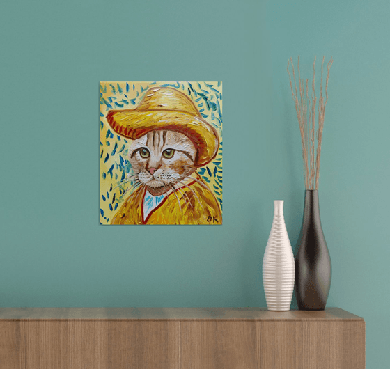 Cat in a straw hat with green eyes La Vincent Van Gogh