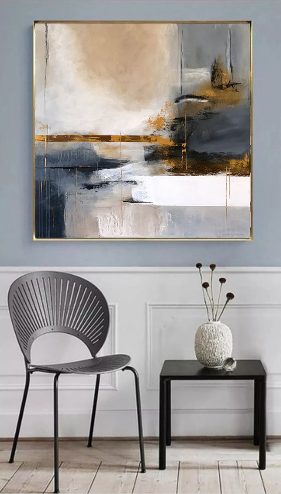Abstraction in gray, gold and blue tones.