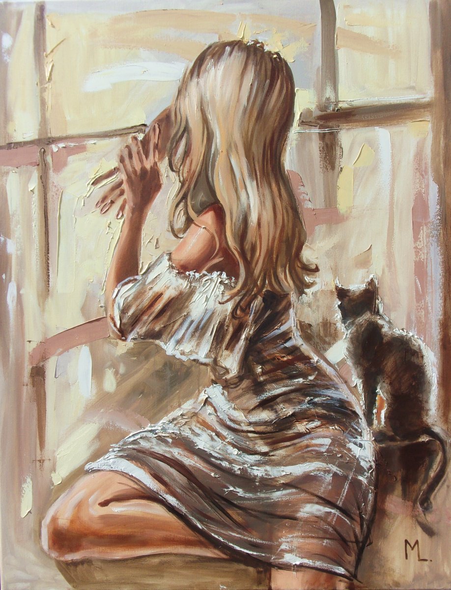 Expressive Portrait Oil Painting By Monika Luniak, 28 X 35", " Autumn Window With Best Friend Cat ", Original Artwork