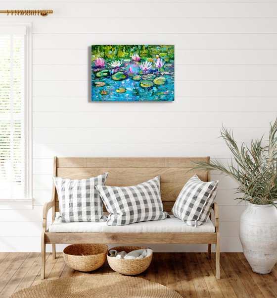 Nympheas, Water Lily Painting Original Art Monet Pond Landscape Artwork Floral Wall Art, 60x40 cm, ready to hang.