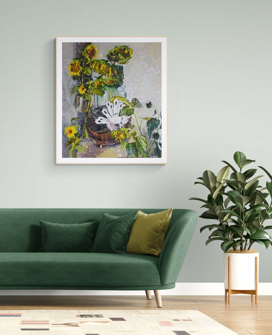 Sunflowers with wooden peacock