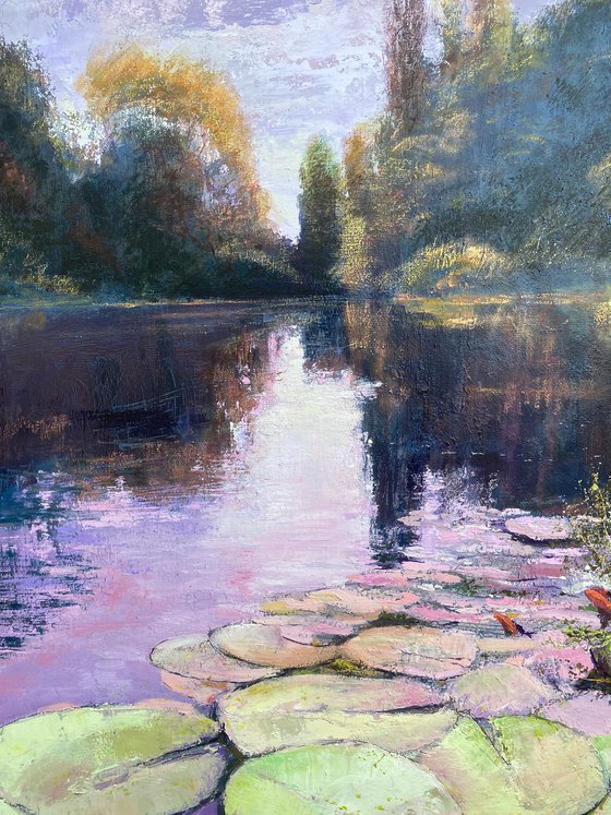 'Water Lilies III' Impressionistic Impasto Large Oil painting