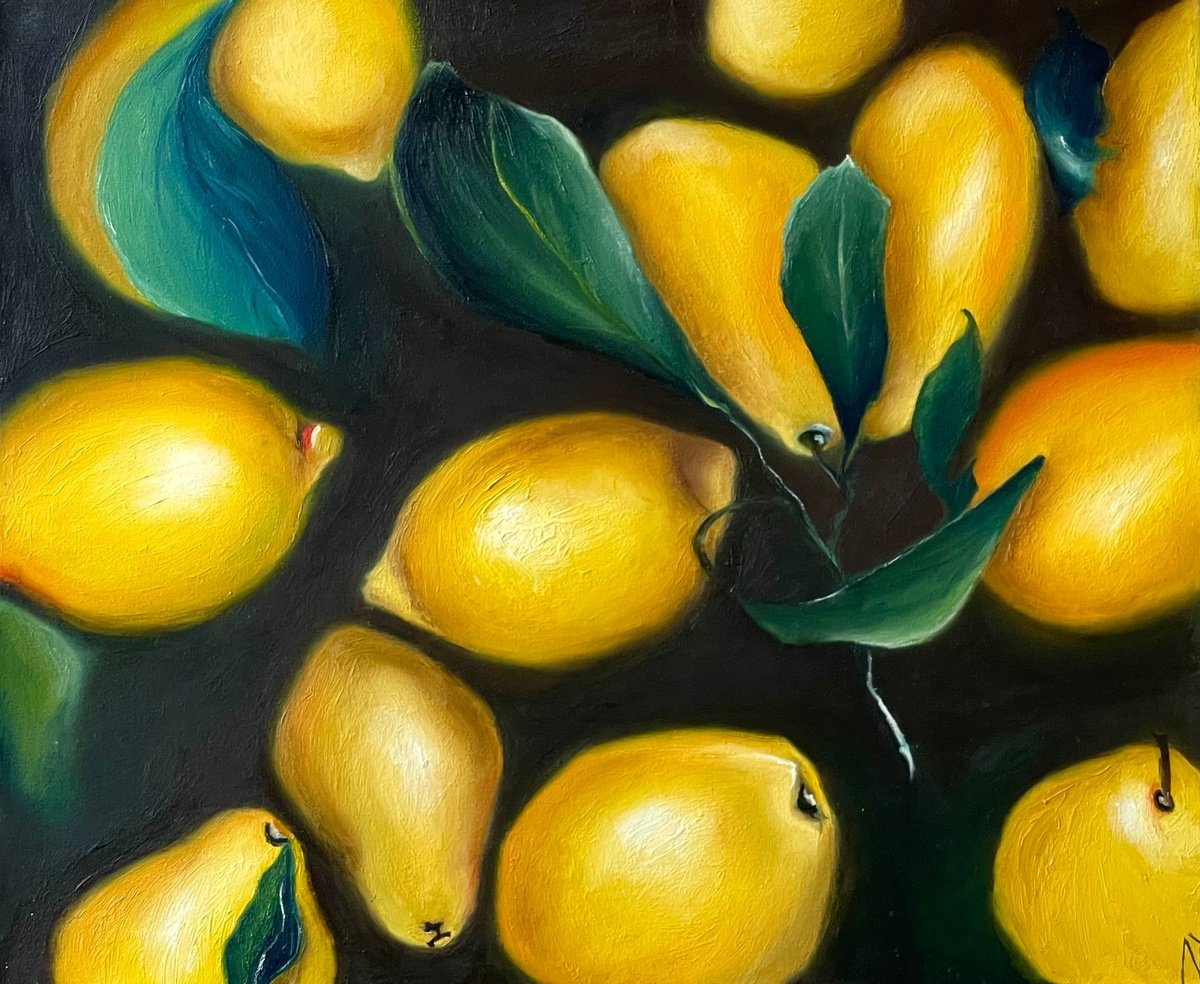 Impressionistic Still Life Oil Painting By Anastasiia Novitskaya, 24 X 20, Pears And Lemons, Original Artwork
