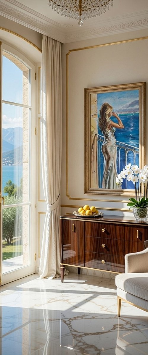 " GARDA VIEW WITH GIRL DRINKING CHAMPAGNE " by Monika Luniak