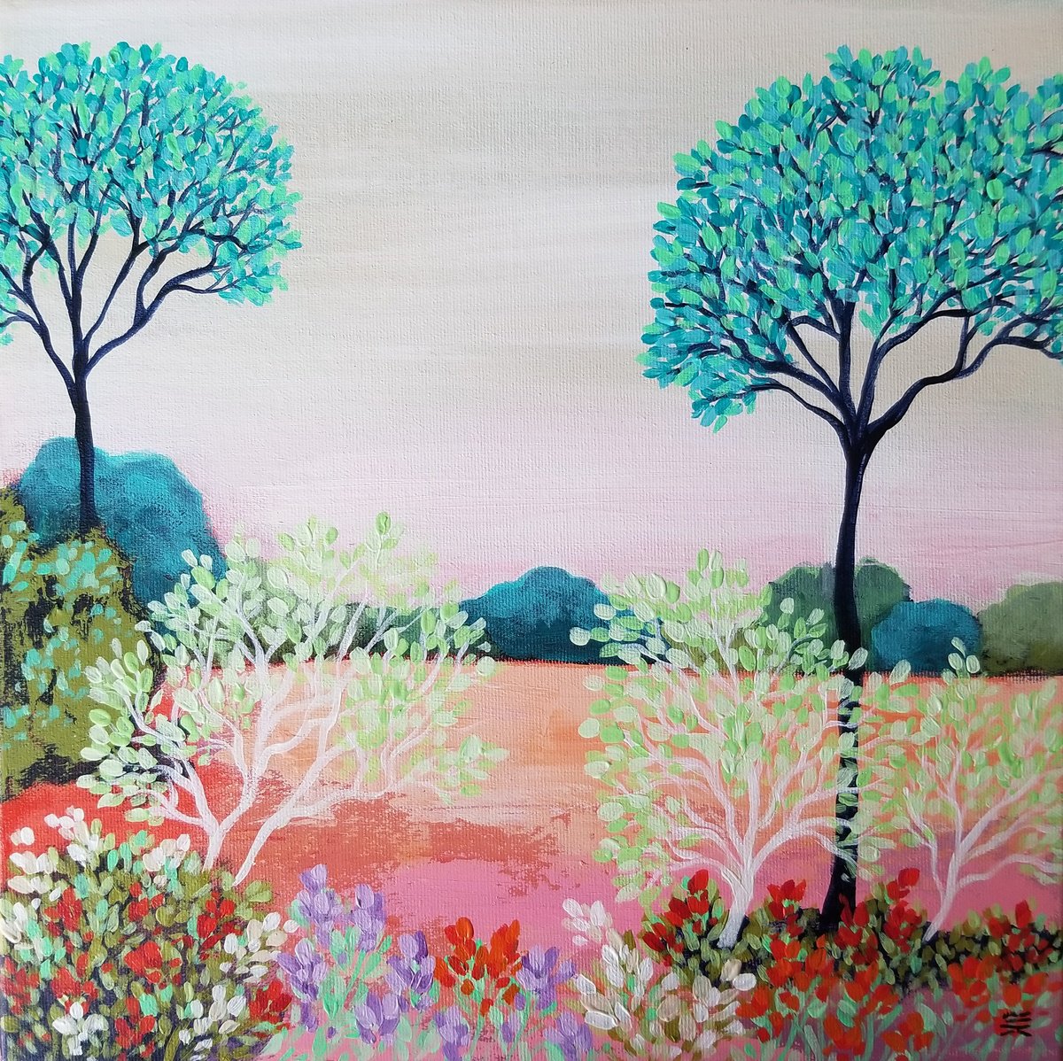 Impressionistic Landscape Acrylic Painting By Karen Rieger, 12 X 12", I