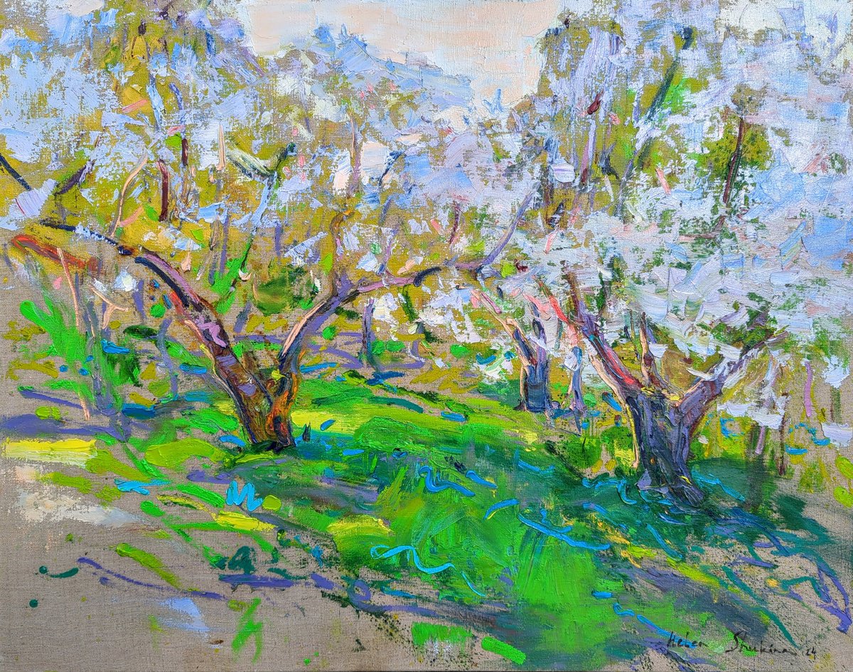 Expressive Botanical Oil Painting By Helen Shukina, 39 X 31, Calm . Blooming Cherry Tree, Original Artwork