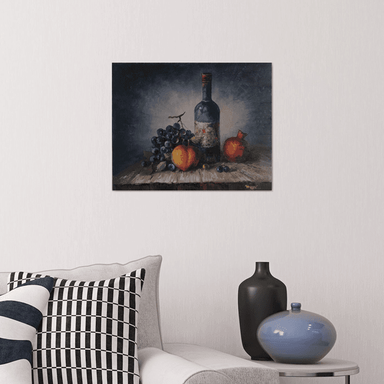 Still life fruits and wine (50x40cm, oil painting,  ready to hang)