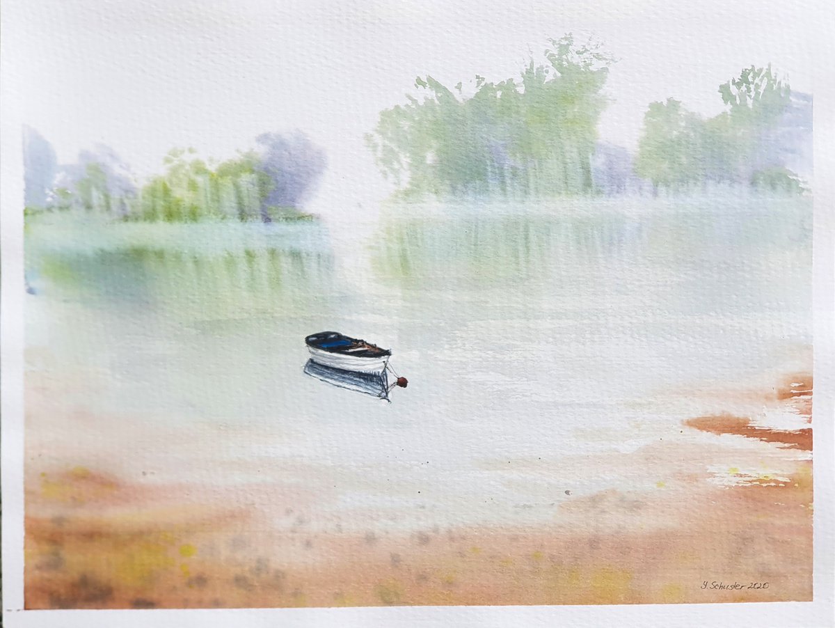 Impressionistic Landscape Watercolour By Yulia Schuster, 12 X 9", Lonely Boat, Original Artwork
