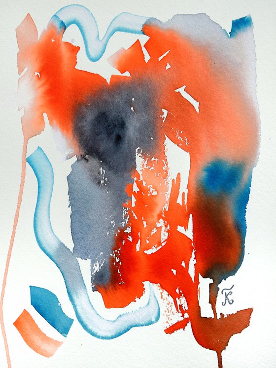 Abstract wall art, Contemporary Watercolor Painting, Modern Abstract blue and orange