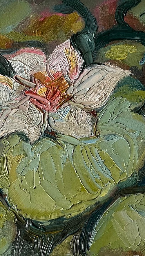 Pond plants impasto oil artwork from Ukraine, original miniature painting by Roman Sergienko