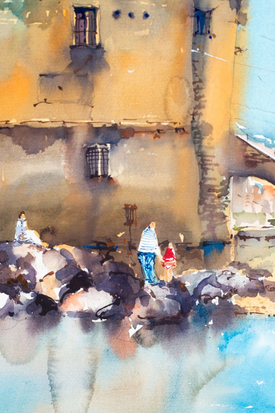 Liguria. Rapallo castle. Original watercolor picture.