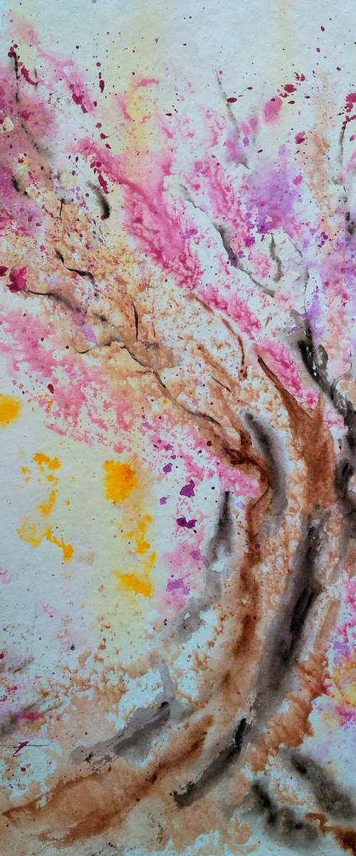 Cherry Tree Painting Flowering Tree Original Art Blooming Tree Watercolor Artwork Small Home Wall Art 12 by 17" by Halyna Kirichenko by Halyna Kirichenko