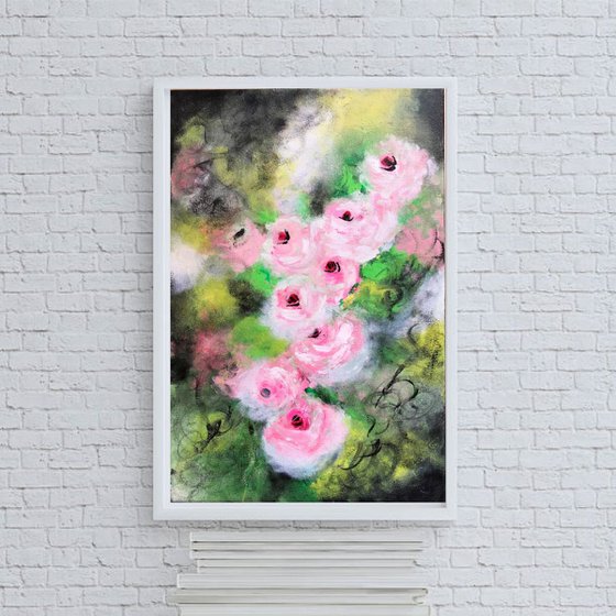 Vintage Pink Roses !! Ready to hang !! Abstract !! Floral Painting !!