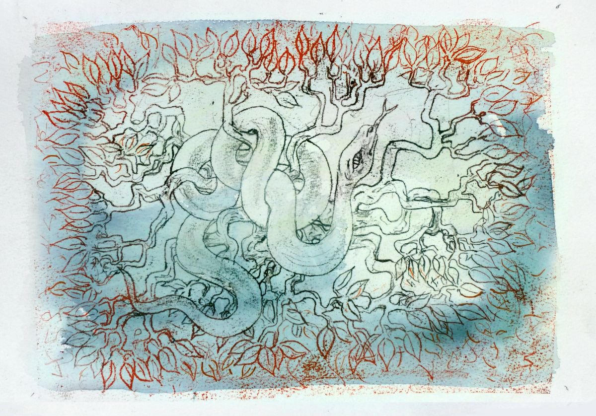 Illustrative Abstract Limited Edition Print By John Sharp, 12 X 9, Eden3 - Tree And Snake, Original Artwork