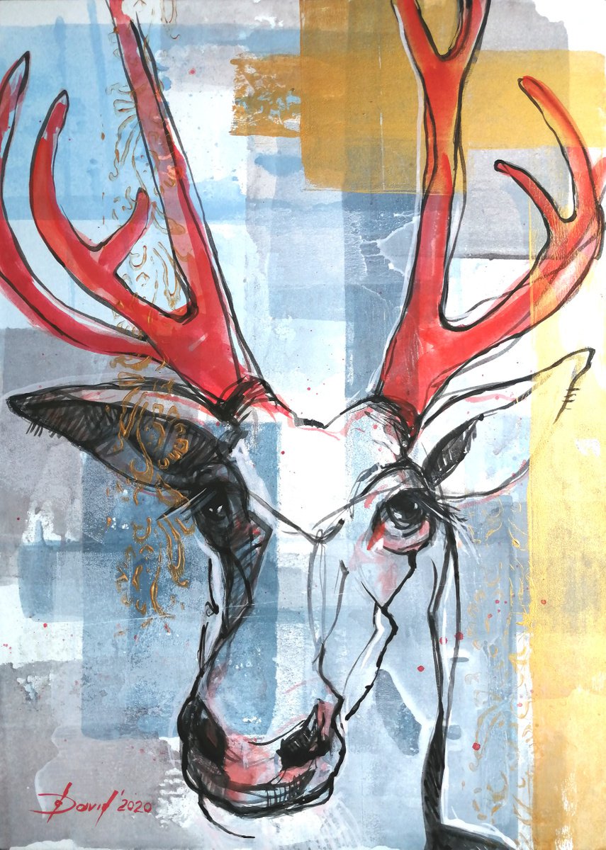 Illustrative Animal Ink Drawing By Olga David, 14 X 20", Im Bahn Des Hirsches, Original Artwork